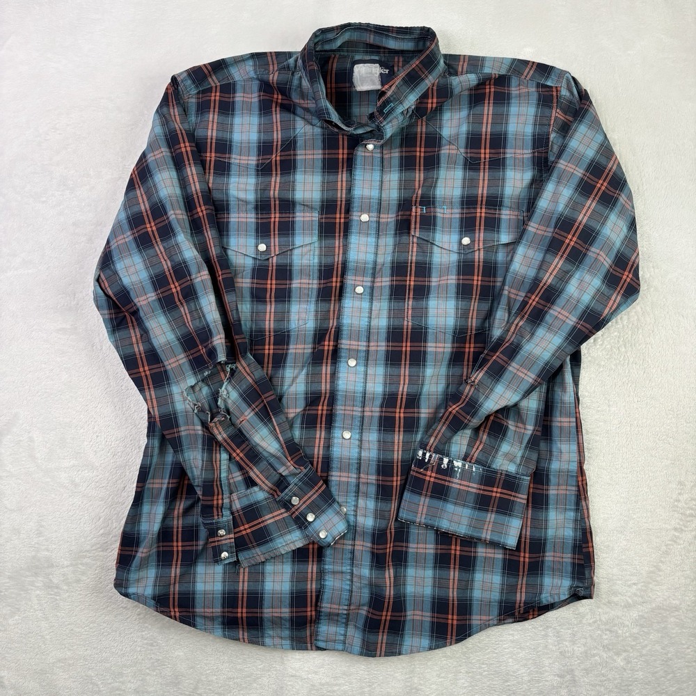 VTG Wrangler Plaid Pearl Snap Long Sleeve Western Shirt Distressed Men's XL